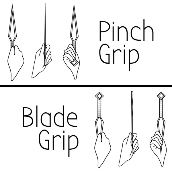 Poignée de pincement et poignée de lame de couteau à lancer, kunai — Image vectorielle