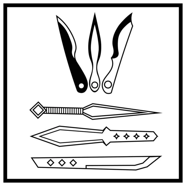 Six monochrome contour throwing knives — Stock Vector