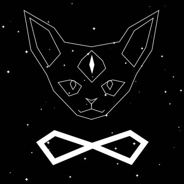 Polygonal contour cat with third eye and infinity symbol on starry background