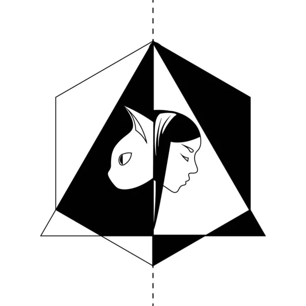 Ilustración abstracta en blanco y negro con perfiles de gato y mujer en polígonos — Vector de stock