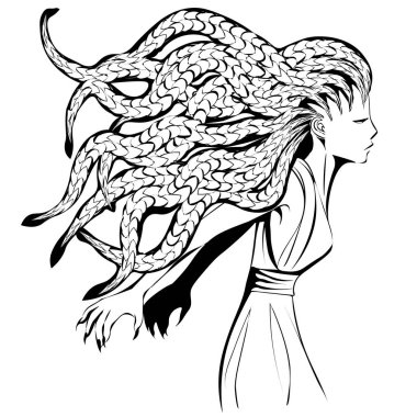 Sketch profile of greek mythological character Medusa in attack position