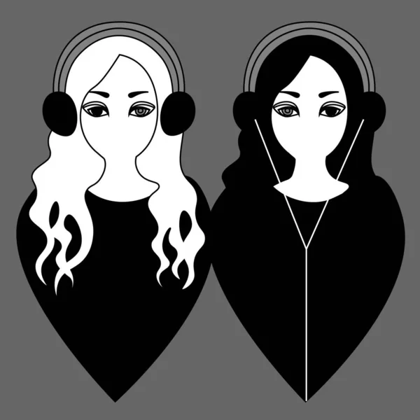 Two monochrome identical girls in headphones with different hair color — Stock Vector