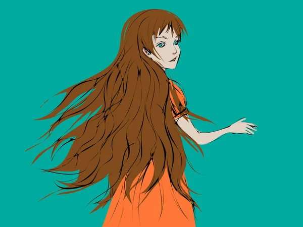 Beautiful cartoon girl with long light brown hair turning her head and looking back — 스톡 벡터