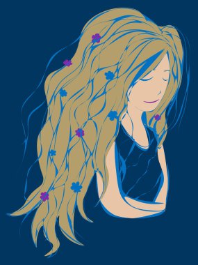 Woman with closed eyes and flowers in long thick blonde hair hugging herself vector Woman with closed eyes and flowers in long thick blonde hair hugging herself vector