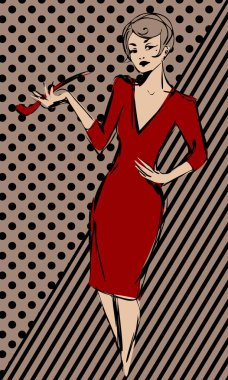 Vintage woman in red dress with tobacco pipe