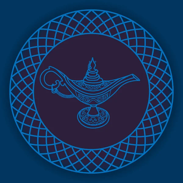 Lámpara aladdin contorno azul en círculo ornamentado — Archivo Imágenes Vectoriales