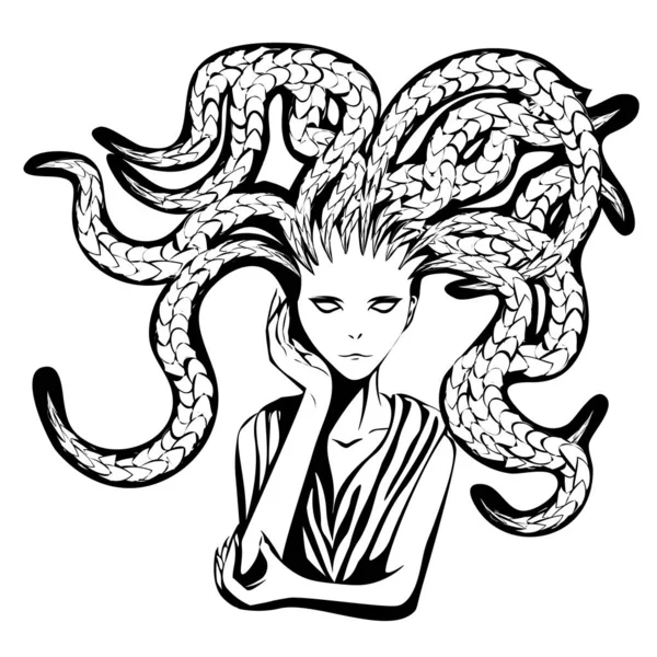 Black and white sketch of greek mythological character Medusa with her hand on chin