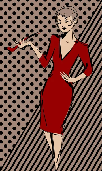 Vintage kobieta w czerwonej sukience z fajką tytoniową — Wektor stockowy