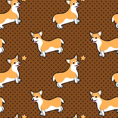 Oturma ve göz kırpan çizgi film köpeğiyle şirin, pürüzsüz desen benekli kahverengi arka planda Welsh corgi.