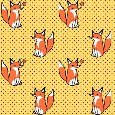 Hoş, pürüzsüz desenli, sarı arkaplanda oturan ve göz kırpan çizgi film tilkisi.