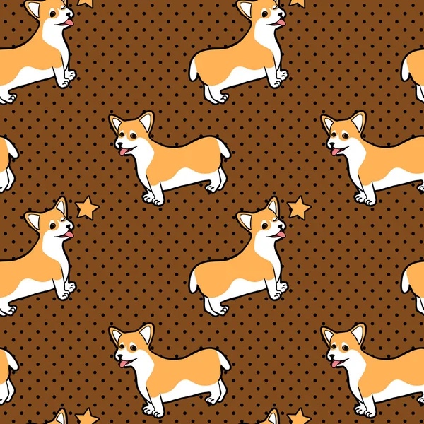 Cute Seamless Pattern Sitting Winking Cartoon Dog Welsh Corgi Dotted — стоковый вектор