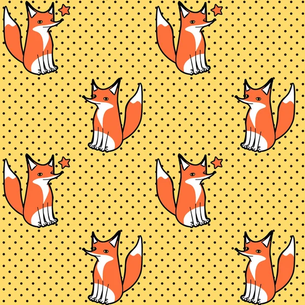 Hoş, pürüzsüz desenli, sarı arkaplanda oturan ve göz kırpan çizgi film tilkisi.