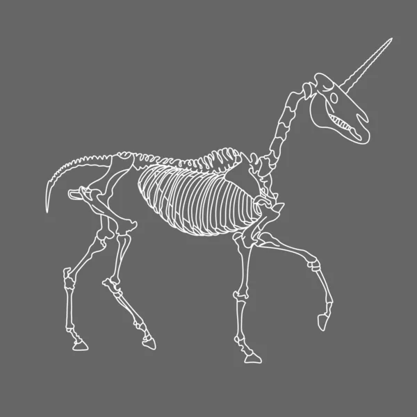 Line Art White Running Unicorn Skeleton Grey Background — Stock Vector