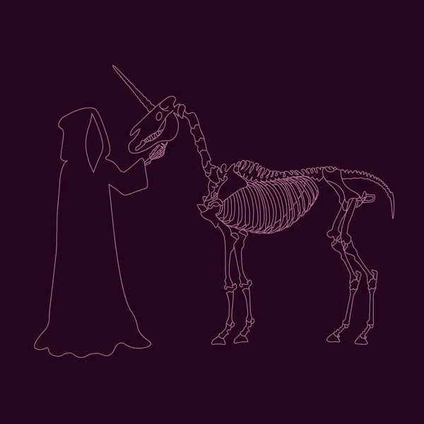 Arte Línea Con Parca Acariciando Esqueleto Unicornio Sobre Fondo Violeta — Vector de stock