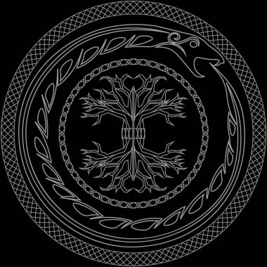 Eski İskandinav pagan sembollerini, yggdrasil ve ouroboros süslemeli çemberleri oluşturun.