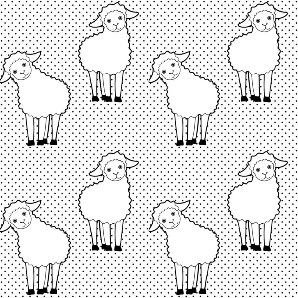 Бесшовный Рисунок Милыми Мультяшными Овцами Черно Белом Пунктирном Фоне — стоковый вектор