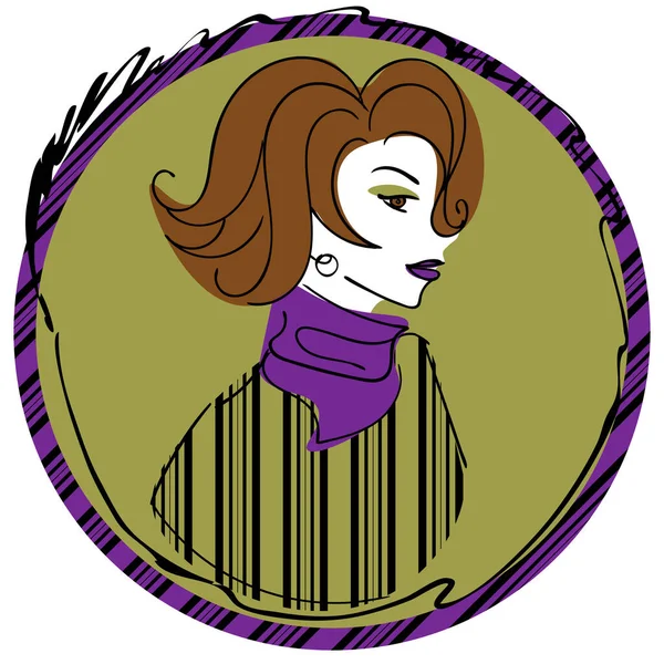 Femme Vintage Avec Rouge Lèvres Violet Cheveux Courts Ondulés Pull — Image vectorielle