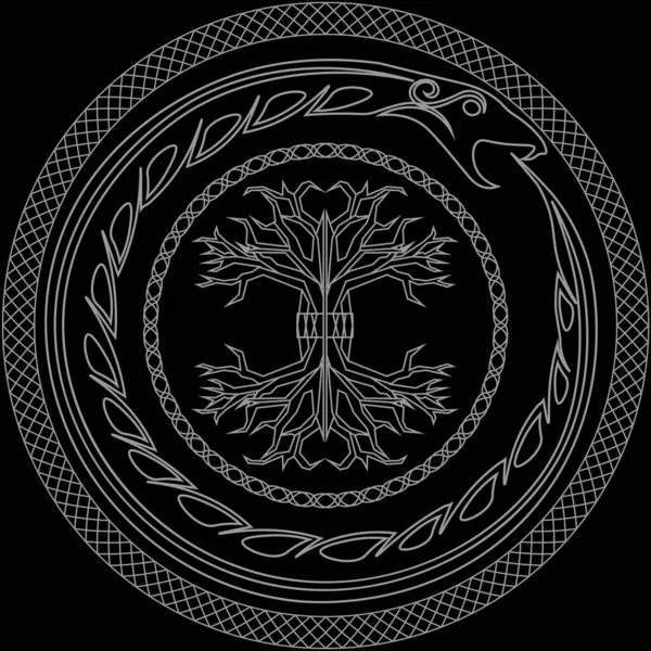 Контур Старых Скандинавских Языческих Символов Yggdrasil Ouroboros Украшенных Кругах — стоковый вектор
