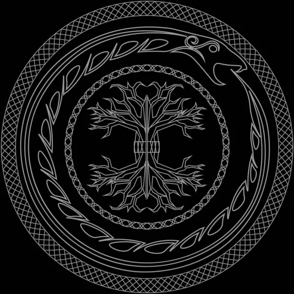 Contour Oude Scandinavische Heidense Symbolen Yggdrasil Ouroboros Versierde Cirkels — Stockvector