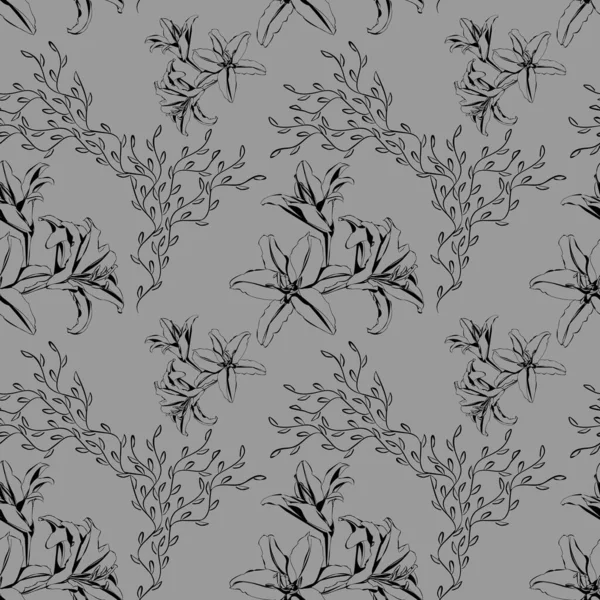 Элегантный Монохромный Бесшовный Рисунок Черными Лилиями Абстрактными Ветвями Сером Фоне — стоковый вектор