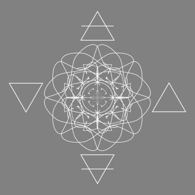 Gri arkaplanda beyaz üçgenler ve soyut çiçeklerle dört doğa öğesi şeması