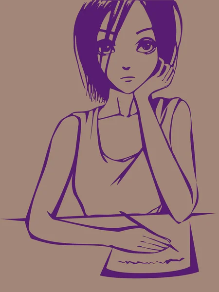 Pensive Manga Girl Écrit Sur Papier Regarde Loin — Image vectorielle