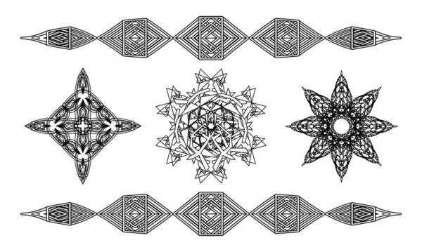 Set Tre Simboli Contorno Stile Antico Croce Mandala Geometrico Fiore — Vettoriale Stock