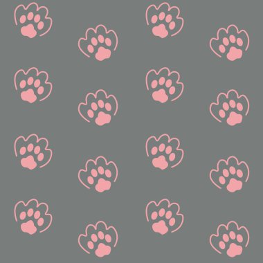 Gri arka planda kedi ya da köpek pençesi izleri olan sevimli, hayvansı, pürüzsüz bir desen.