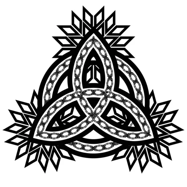 Triquetra Simbolo Pagano Celtico Bianco Nero Con Ornamento Tribale Fiori — Vettoriale Stock