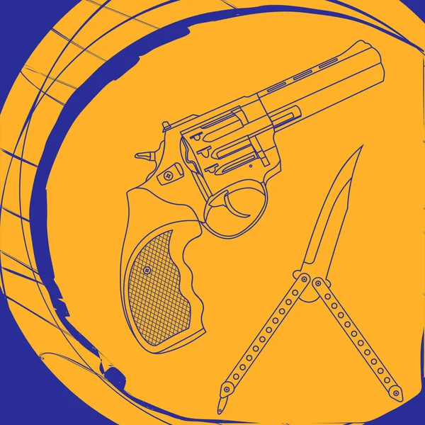 Контурная Иллюстрация Револьвером Ножом Бабочки Ярко Голубом Оранжевом Фоне — стоковый вектор