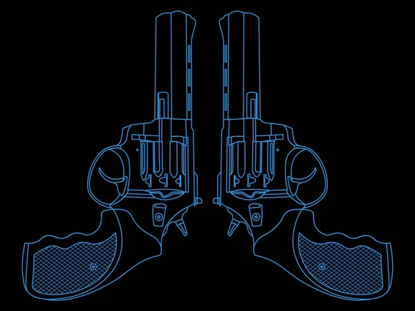 Контурная Иллюстрация Двумя Симметричными Голубыми Револьверами Черном Фоне — стоковый вектор