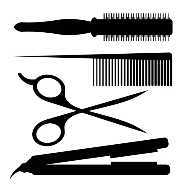 Black Silhouettes Four Barber Tools Comb Hairbrush Scissors Hair Iron — Stock Vector