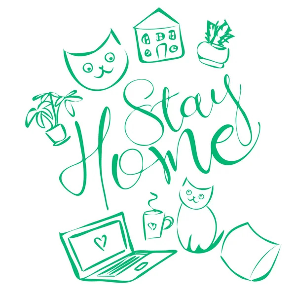 Illustration Mignonne Confortable Avec Texte Rester Maison Chats Plantes Maison — Image vectorielle