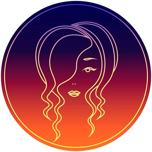 Icono Colorido Brillante Con Cara Mínima Mujer Con Cabello Ondulado — Vector de stock