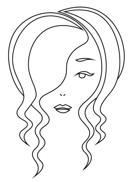 Sederhana Kontur Minimal Sketsa Wajah Wanita Dengan Rambut Bergelombang - Stok Vektor