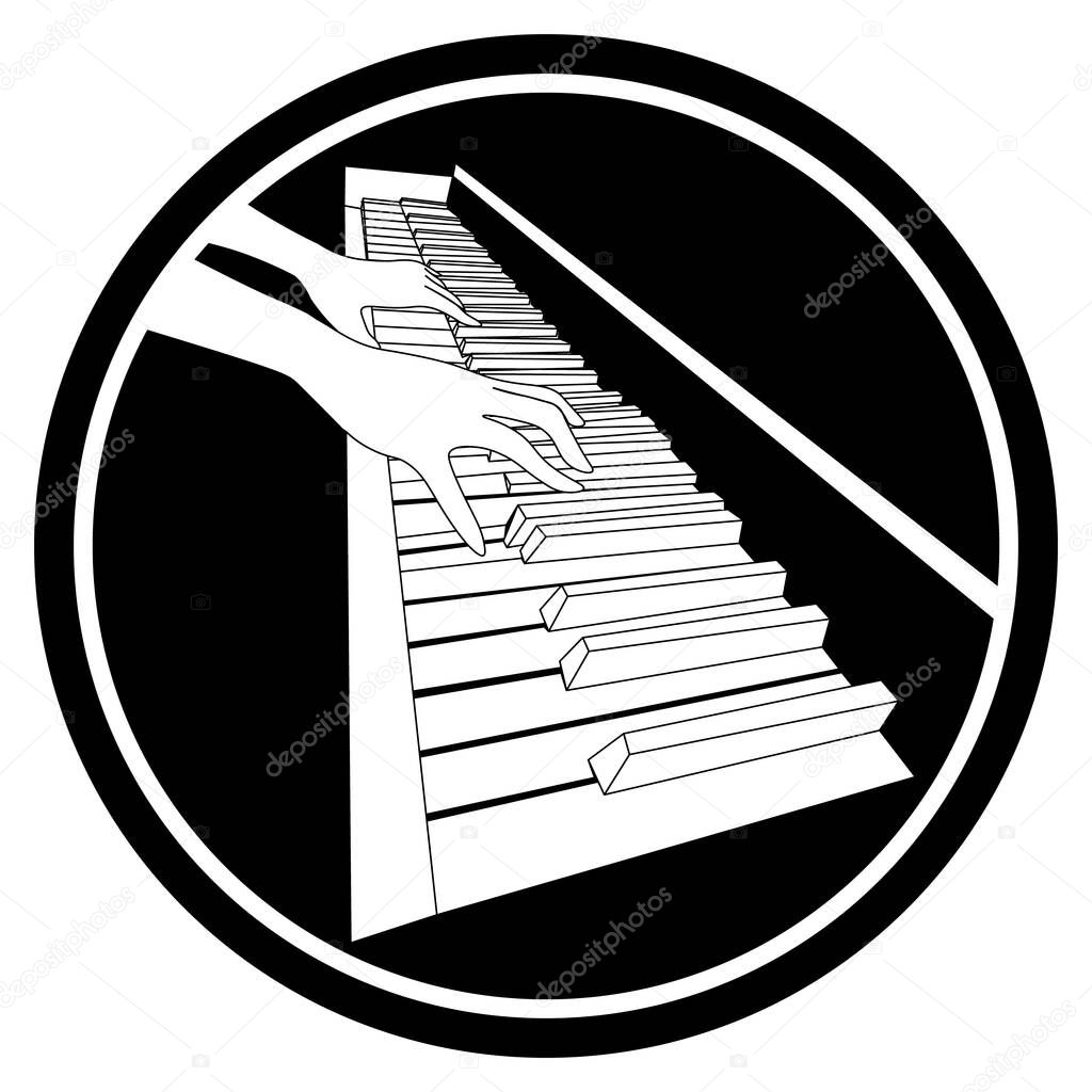 Beautiful black and white icon with two contour hands playing on piano keyboard