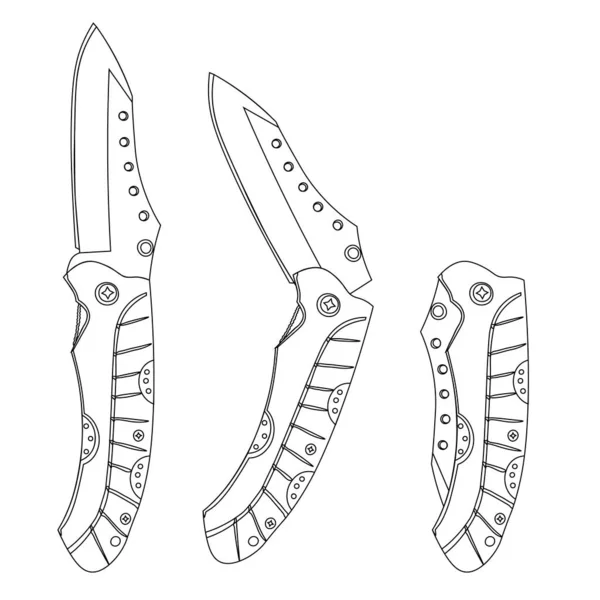 Black Contour Sketch Illustration Three Folding Pocket Knives Different Positions — Stock Vector