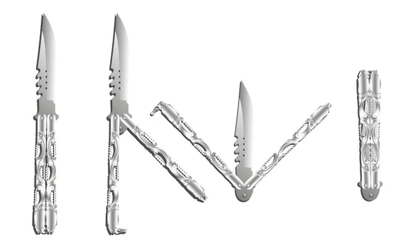 Aislado Hermoso Balisong Plata Realista Cuchillo Mariposa Cuatro Posiciones Diferentes — Vector de stock