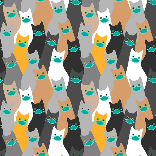 Funny Cute Seamless Pattern Many Cats Wearing Medical Masks — Stock Vector