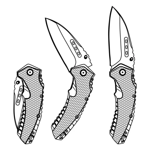 Illustration Isolée Contour Couteau Pliant Dans Trois Positions Différentes — Image vectorielle