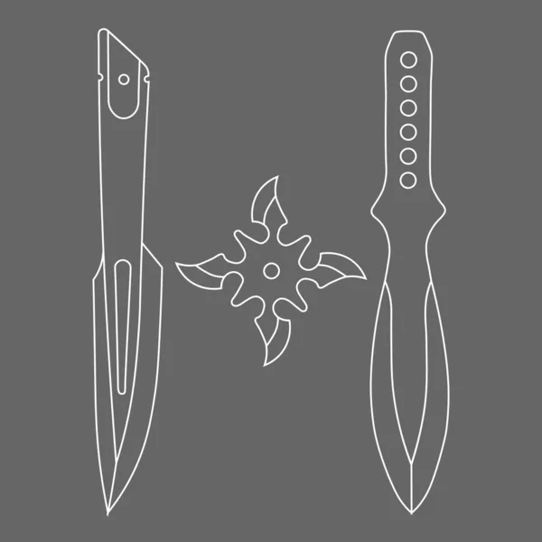 Ilustrace Dvou Obrysových Vrhacích Nožů Šurikenu Šedém Pozadí — Stockový vektor