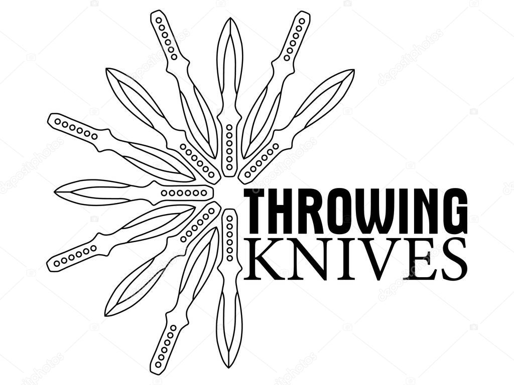 Simple black and white print or logo template with flower of contour throwing knives and text