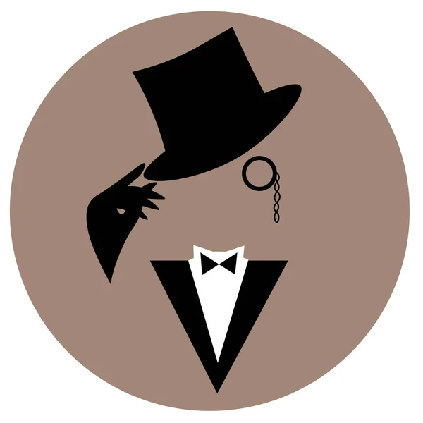 Minimal Illustration Faceless Vintage Gentleman Tuxedo Hat Monocle Black Gloves — Stock Vector