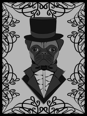 Süslü çerçeveli eski moda smokin ve silindirli bir pug ile sevimli siyah beyaz çizimler