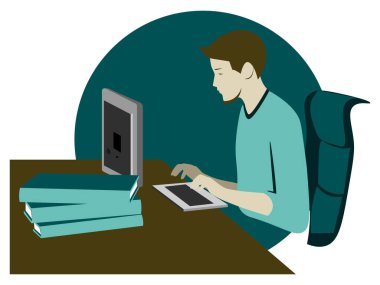 İşyerinin renkli bir çizimi ve bilgisayarın başında oturan genç adam.