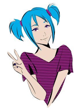 Cute teen girl with blue hair and ponytails showing peace sign vector Cute teen girl with blue hair and ponytails showing peace sign vector