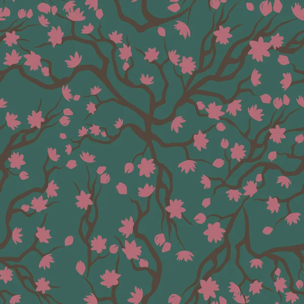 Весенний Винтажный Бесшовный Рисунок Полутонах Розовыми Цветами Ветвях Зеленом Фоне — стоковый вектор