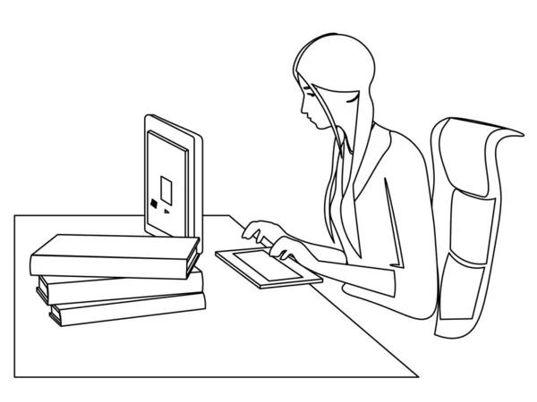 職場の最小限のラインアートとコンピュータに座っている若い女性 — ストックベクタ