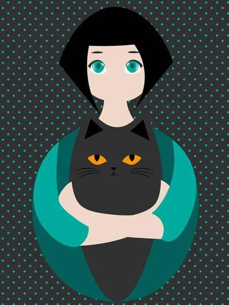 Cute Cozy Illustration Brunette Girl Hugging Black Cat Yellow Eyes — Stock Vector