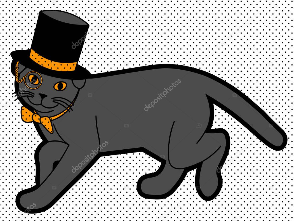 cute illustration of walking black cat with monocle in the cylinder and bowtie
